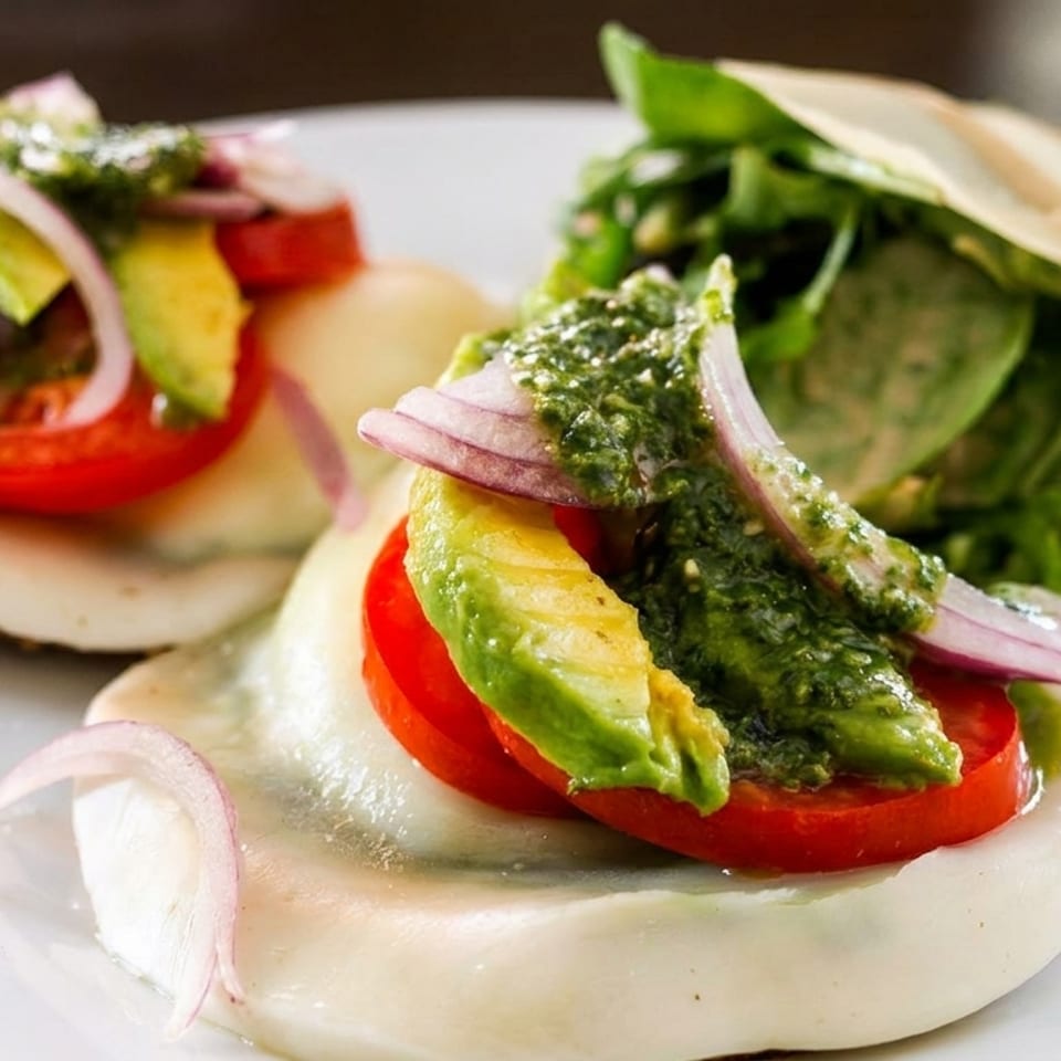 Two caprese-style appetizers with mozzarella, tomato, avocado, red onion, pesto, and a side salad.