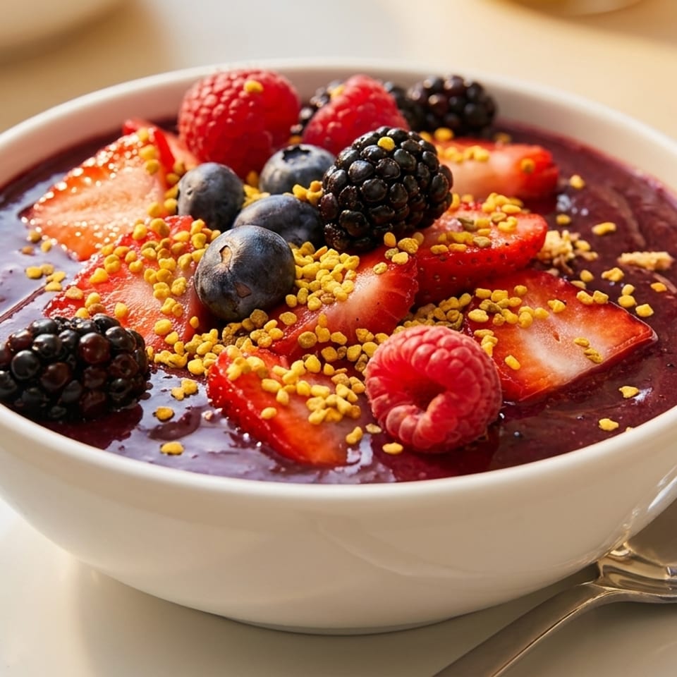 Acai bowl topped with fresh strawberries, blueberries, raspberries, blackberries, and bee pollen.