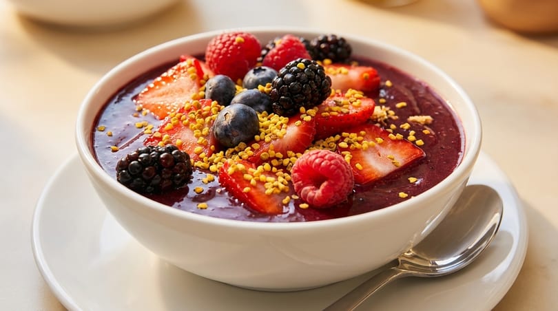 A vibrant acai bowl topped with fresh strawberries, blueberries, raspberries, blackberries, and bee pollen.