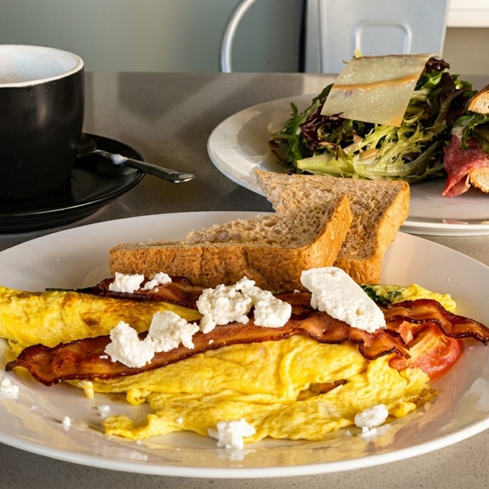 Breakfast omelet with bacon, feta, and toast, alongside a panini, salad, and coffee.
