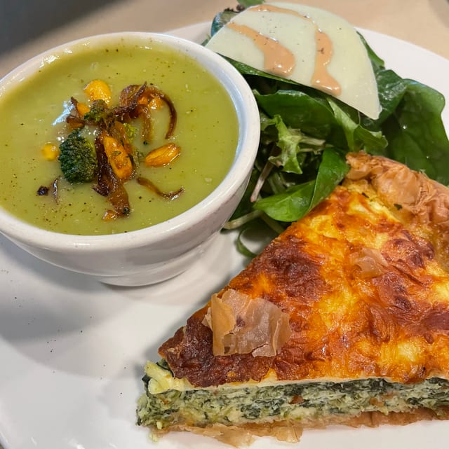 Cup of Soup, Mixed Greens Salad & Half of Any Kind of Sandwich or Quiche.