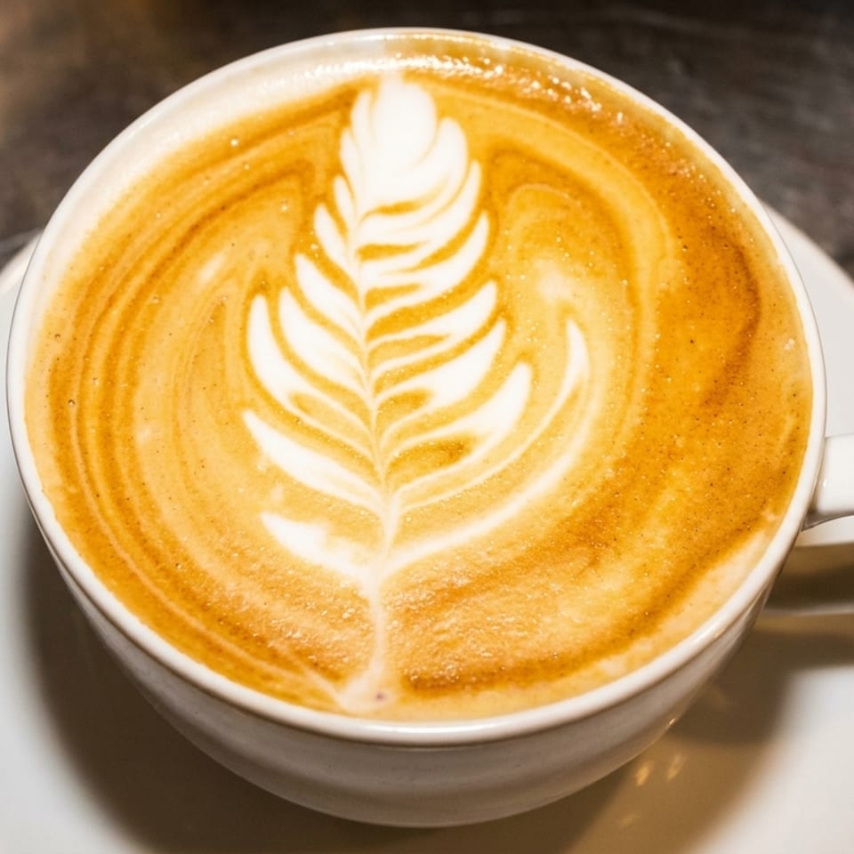 A white cup of latte with intricate leaf-shaped latte art on a metallic surface.