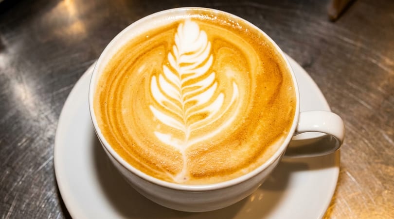 A white cup of latte with a detailed leaf design in the foam sits on a saucer.