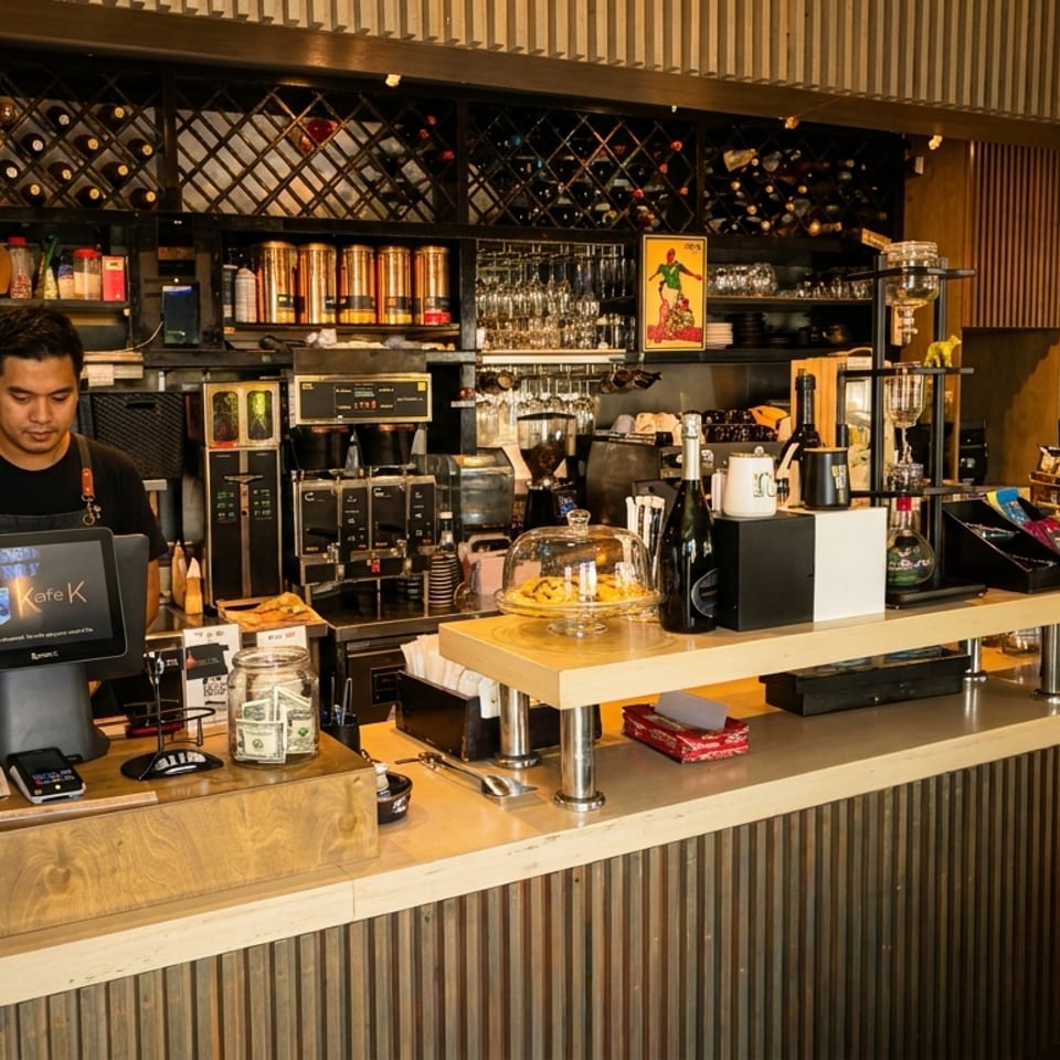 A barista stands behind a well-stocked coffee bar with wine racks and espresso machines.