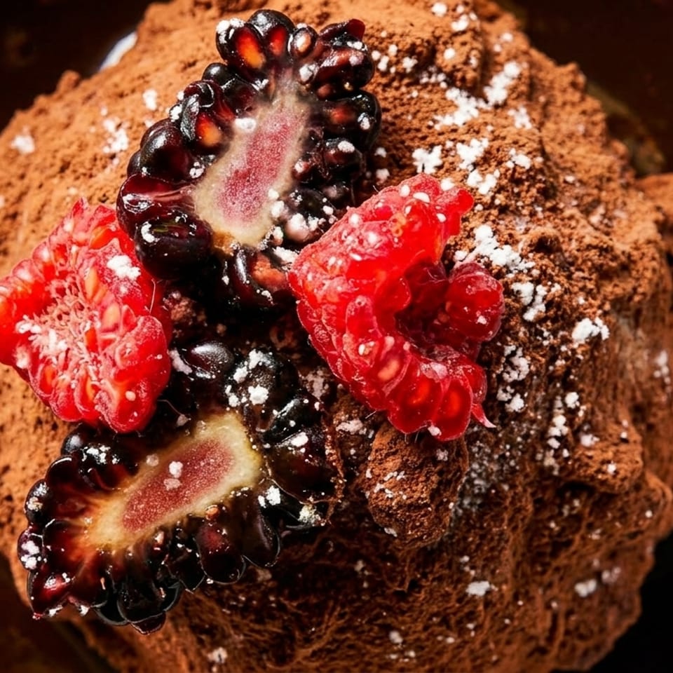 Rich chocolate dessert with cocoa powder, fresh raspberries, and blackberries in a dark sauce.