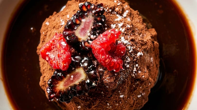 Rich chocolate dessert with cocoa powder, fresh raspberries, and blackberries in a dark sauce.