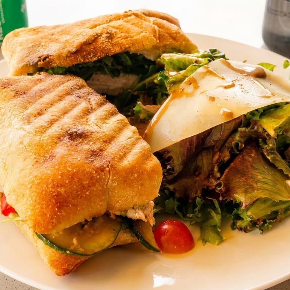Two grilled panini sandwiches with a side salad topped with shaved parmesan and dressing.