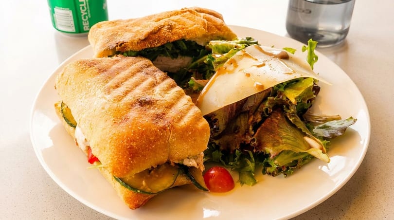 Two grilled panini sandwiches with a side salad topped with shaved parmesan and dressing.