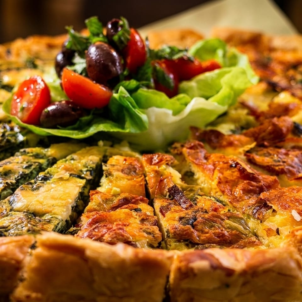 Savory quiche with spinach and cheese, garnished with a fresh salad of lettuce, tomatoes, and olives.