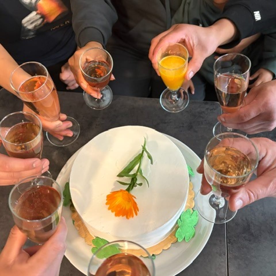 Several people toast with wine glasses around a white cake decorated with an orange flower and green leaves.